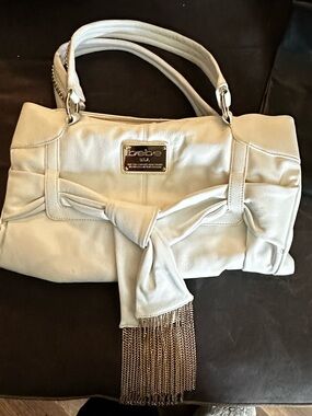 Bebe white large Satchel with Bow and Gold Chain Fringe